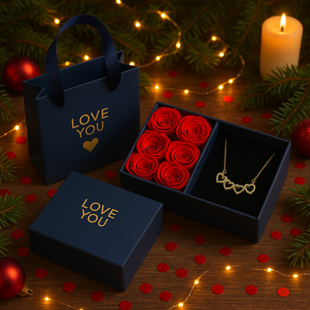 Luksaria - Pudełko z 6 różami i naszyjnikiem Szczęśliwe Serce